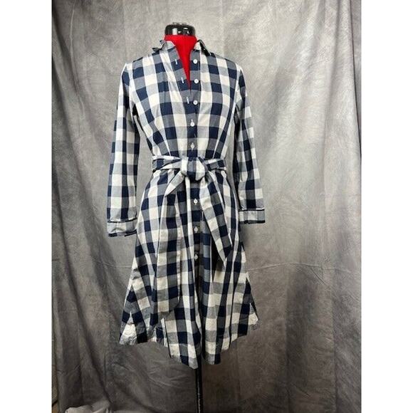 J.CREW Dresses & Skirts - J Crew Tie-waist Poplin Shirtdress in Navy White Gingham Long Sleeve Dress 0